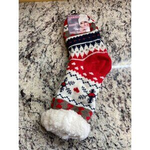 Thermo Sherpa Lined Slipper Sock Sz 38-42 Red Nordic Fleece Non-Slip Winter Cozy